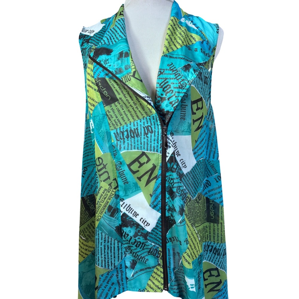 Feratelli Women's Medium Vest Newsprint Blue Green Y2K Asymmetrical Zip Front